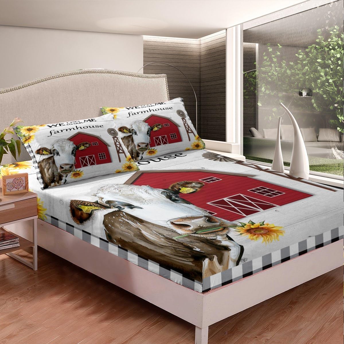 Milk Cow Fitted Sheet Garden Windmill Decor Farmhouse Bed Sheets Queen,Red Old Barn Door Bull Cattle Bedding Set Country Lodge Cabin Sheets,Farm House Cottage Rustic Home Decor