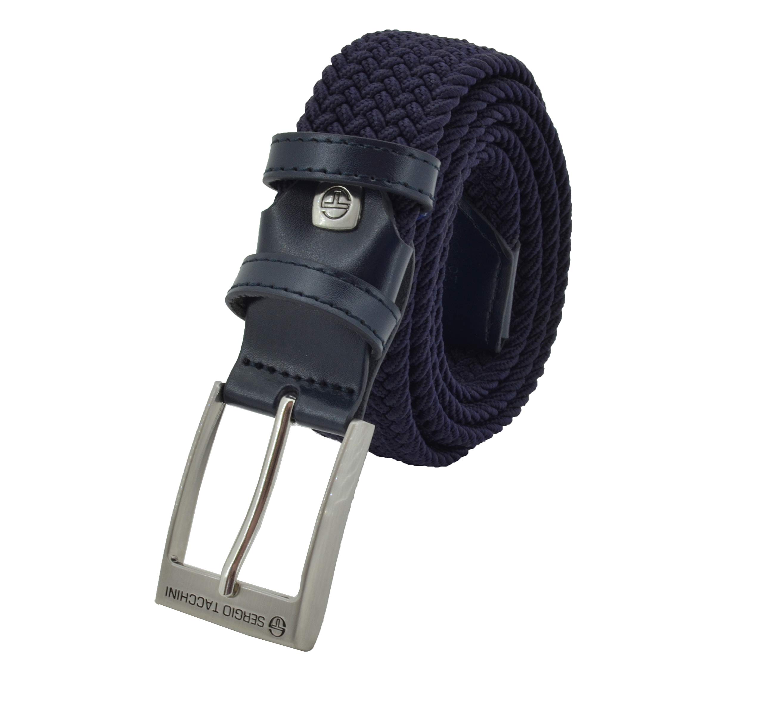Sergio Tacchini Men's Dark Blue Braided Belt,Man Woman, In Elastic Fabric With Inserts In Genuine Leather, Gift Box 125