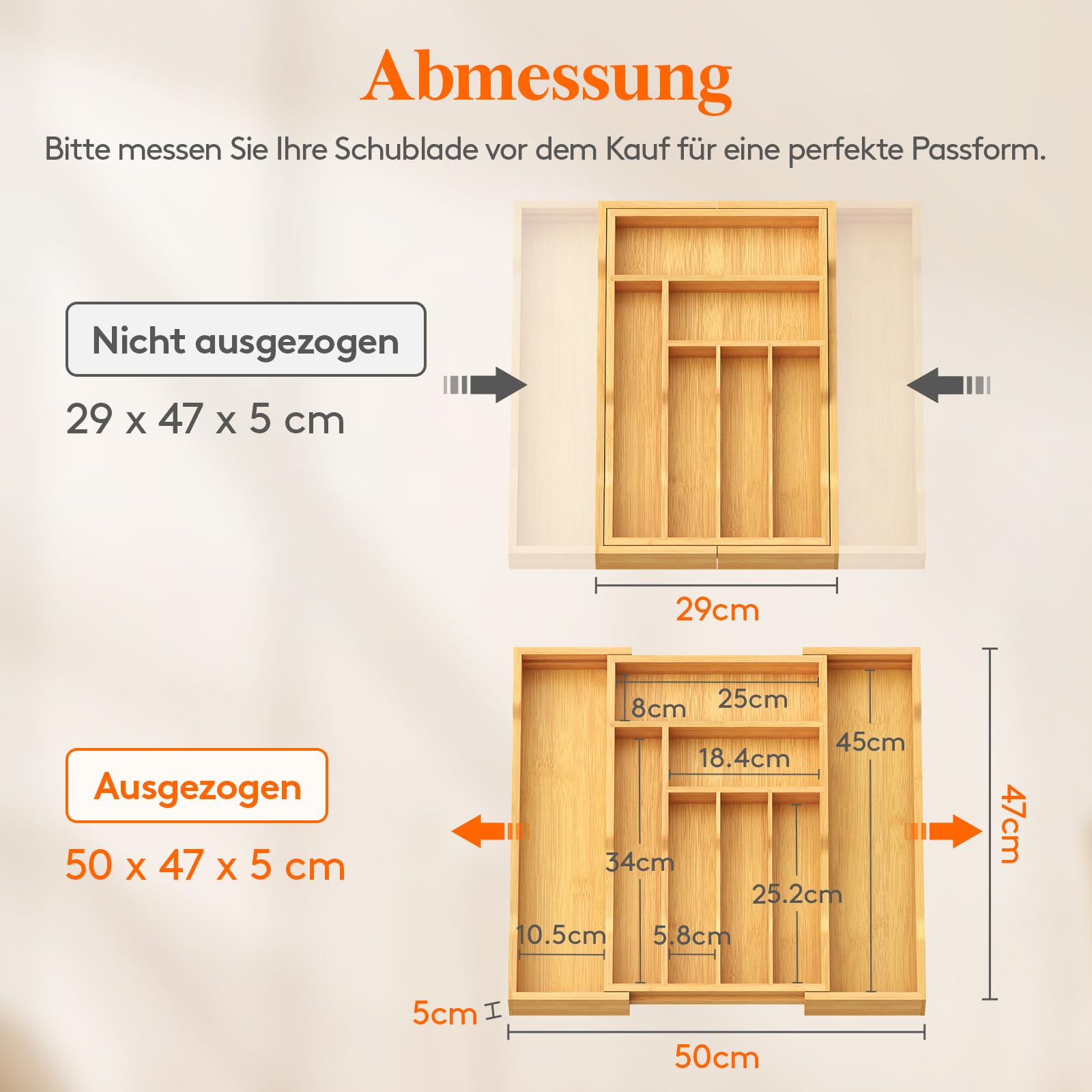 Lifewit Besteckkasten für Schubladen, Tiefe 47 cm, Ausziehbarer Besteckeinsatz Breite bis zu 50 cm, Küchenschubladeneinsatz Schubladen Organizer, Bambus Besteckhalter für Löffel/Gabeln/Messer