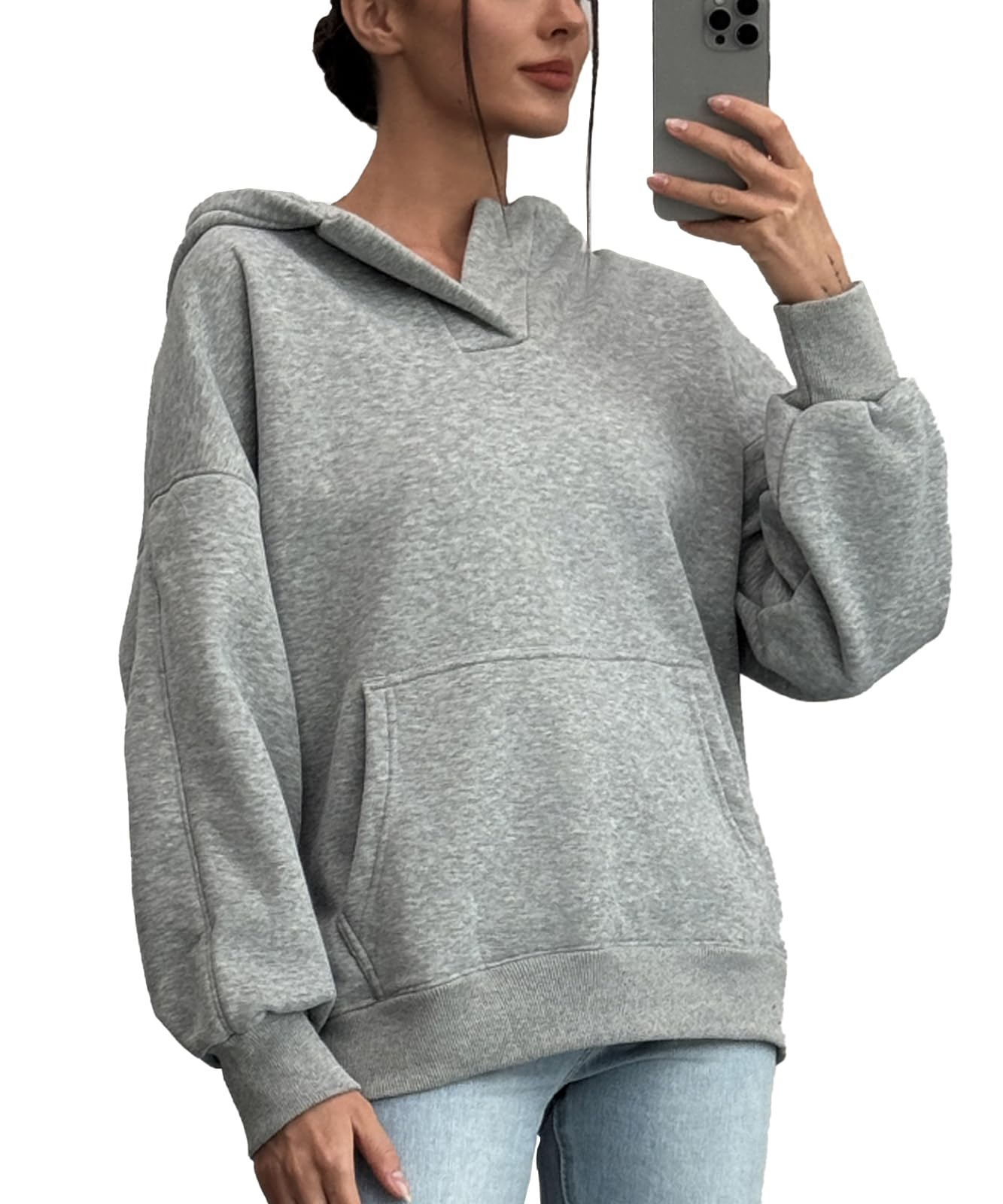 PAODIKUAI Women's Oversized Hoodies V Neck Pullover Fleece Sweatshirt Long Sleeve with Pocket Casual Winter Fall Outfits