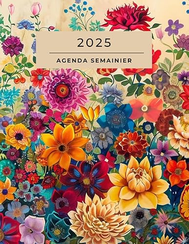 Agenda Semainier 2025: Avec Planification mensuelle, Présentation verticale 1 semaine sur deux pages avec heures, Grand format A4 , Couverture florale ... a un usage professionnel ou personnel.