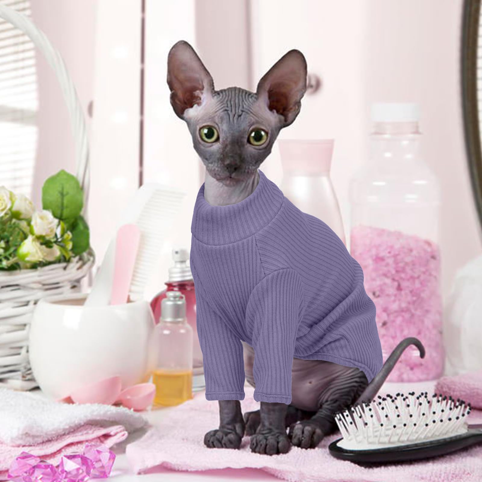 Hairless Cat Sweater, Sphynx Cat Clothes, Kitten Clothes, Breathable Sweaters Cats, Kitten Pullover Sleeves, Cat Jumpers Cats Only, Cat Clothes Sphynx, Cornish Rex, Devon Rex, TaroPurple — view 7