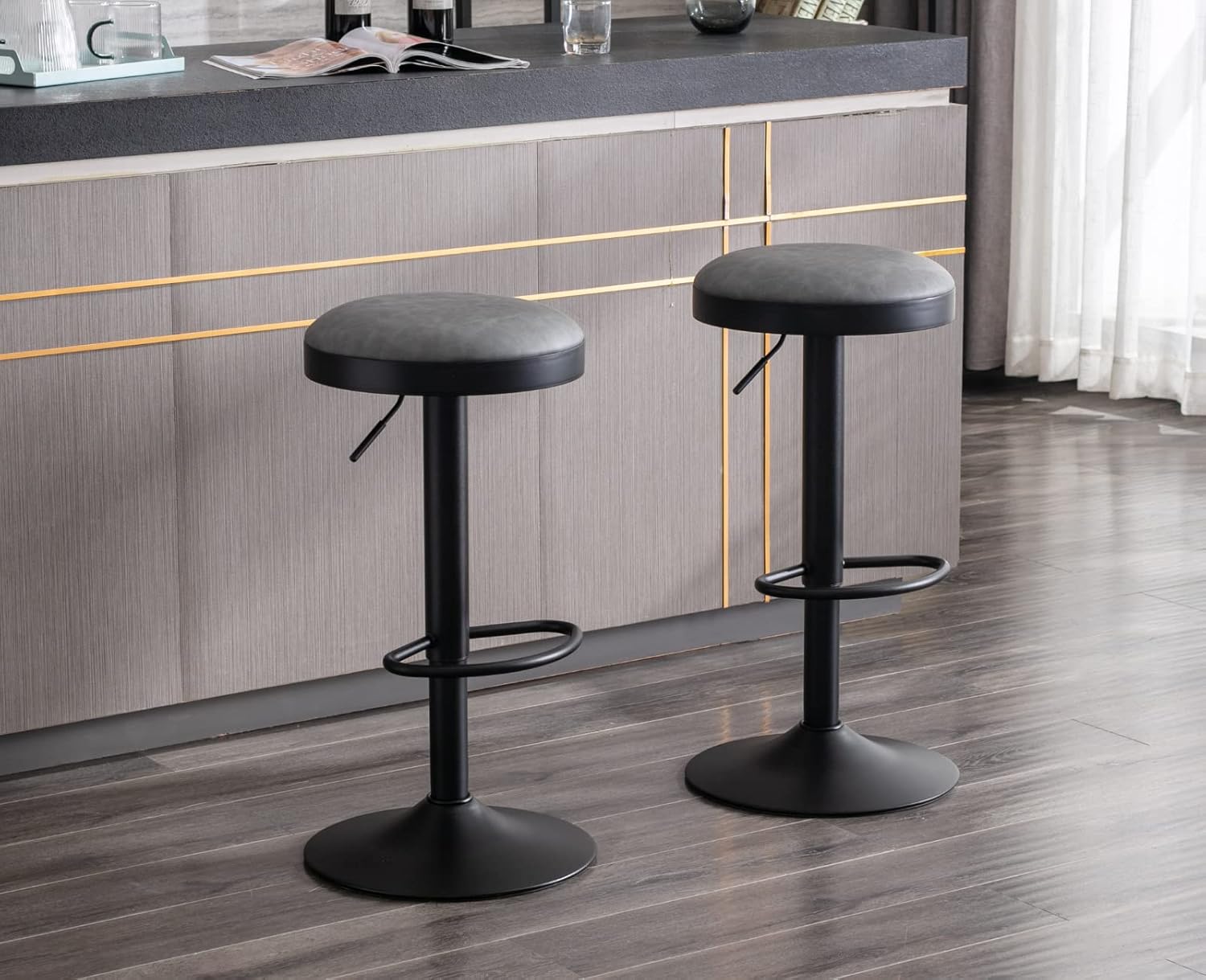 EALSON Modern Swivel Bar Stools Set of 2 Adjustable Counter Height Backless Barstools with Metal Base Leather Upholstered Round Bar Stool Chairs for Kitchen Island/Pub/Breakfast Bar, Grey