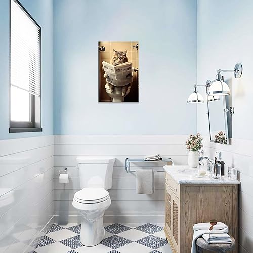 Miniatura 3 de CCWACPP Divertido lienzo para baño, arte de pared de gato sentado en el inodoro, lectura de periódicos, impresiones de pintura de inodoro, baño,