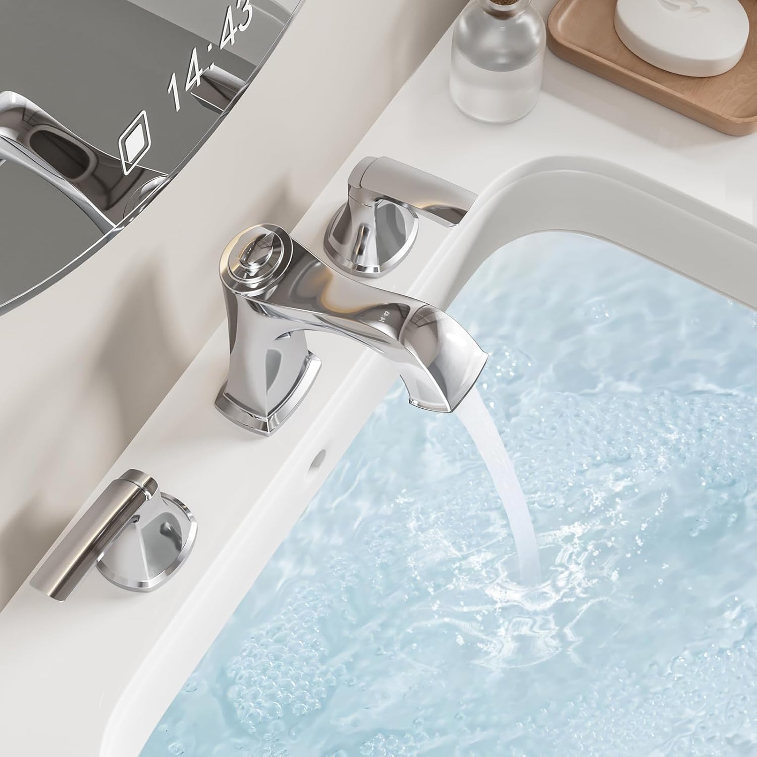 Chrome Bathroom Faucet 3 Hole, Sanliv Widespread Bathroom Sink Faucet with Drain Assembly, 2-Handle Modern Vantiy Faucet for 4-16 Inch Three Hole Sinks, Polished Chrome