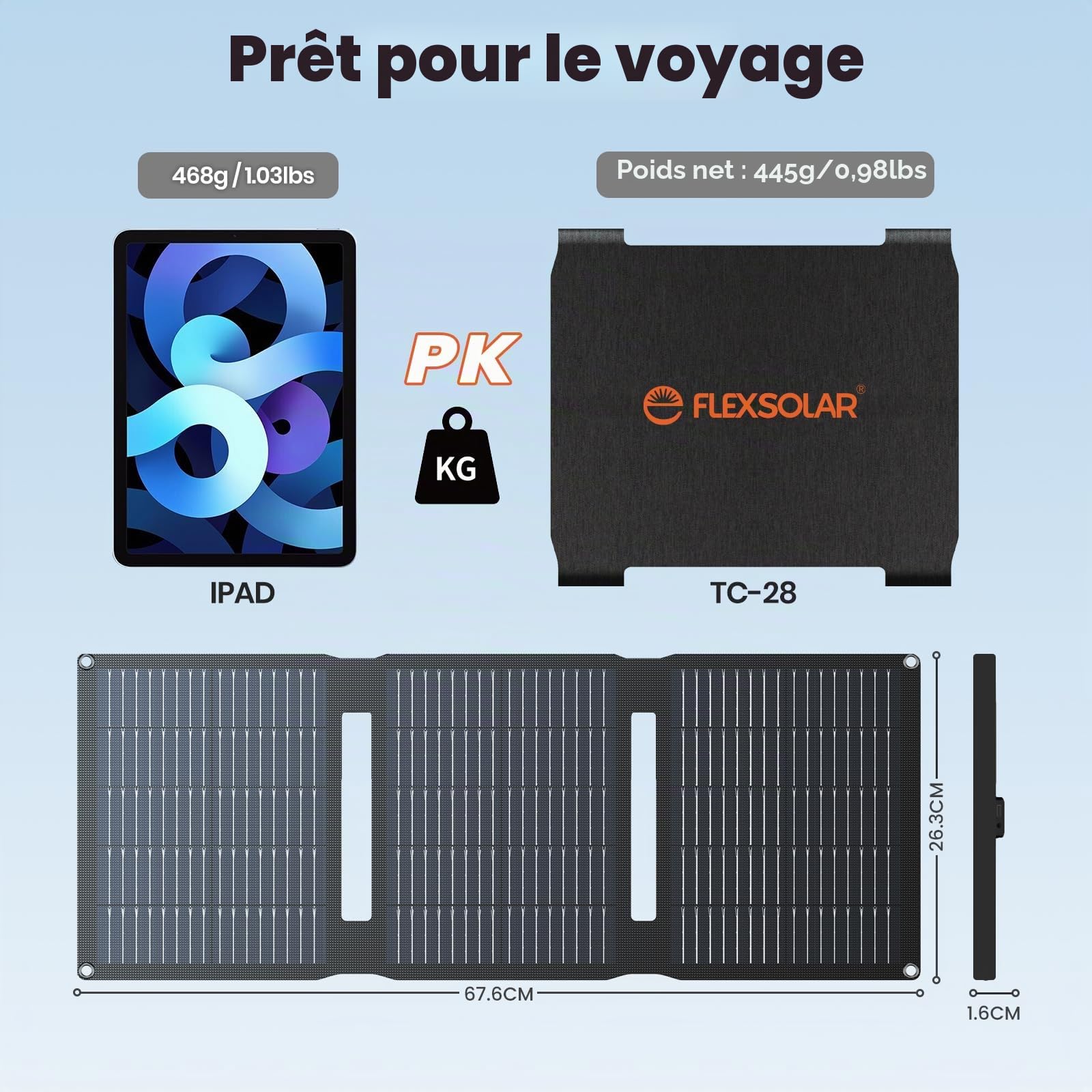 Flexsolar Panneau solaire 28 W,chargeur de batterie solaire portable 12 V | panneau solaire chargeur de batterie avec câble de raccordement SAE USB DC pour voiture, bateau, moto, remorque, etc