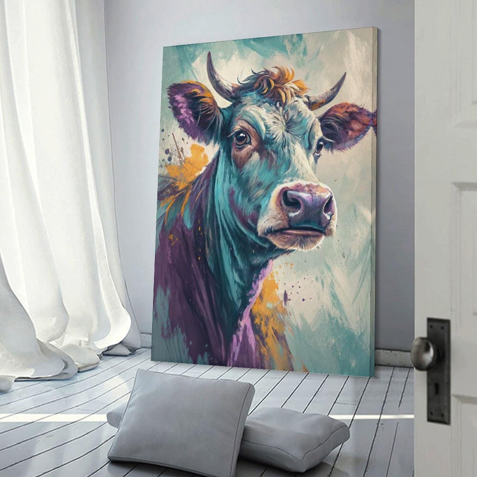 Junmoney Colorful Cow Portrait Canvas Wall Picture 24x36inch(60x90cm), for Contemporary Homes, Apartments Or Offices, Wall Decor with Flexible Room Appeal