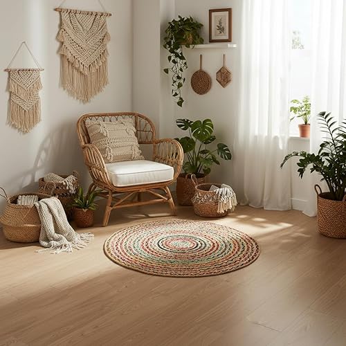 Vista 67 de REDEARTH · Alfombra redonda – Alfombra trenzada de yute natural de 6 pies – Alfombras de yute bohemio reversibles hechas a mano para dormitorio