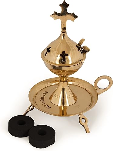 Quemador de olor cristiano con cruz de latón dorado Spikenard libre Nard y 2 carbón de Tierra Santa