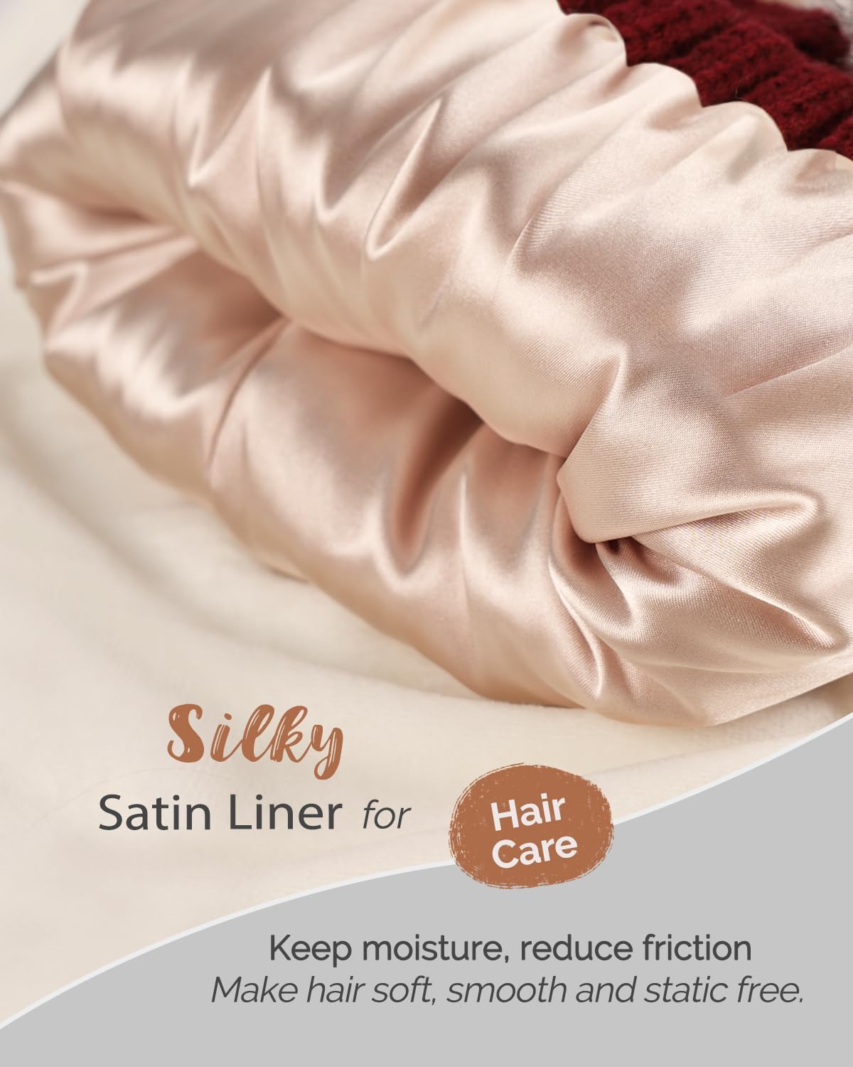 Hat Hut Winter Hats for Women Satin Lined Beanie Hats for Women Knit Ski Hat Winter Cap for Women Pom Pom Beanie - Image 3