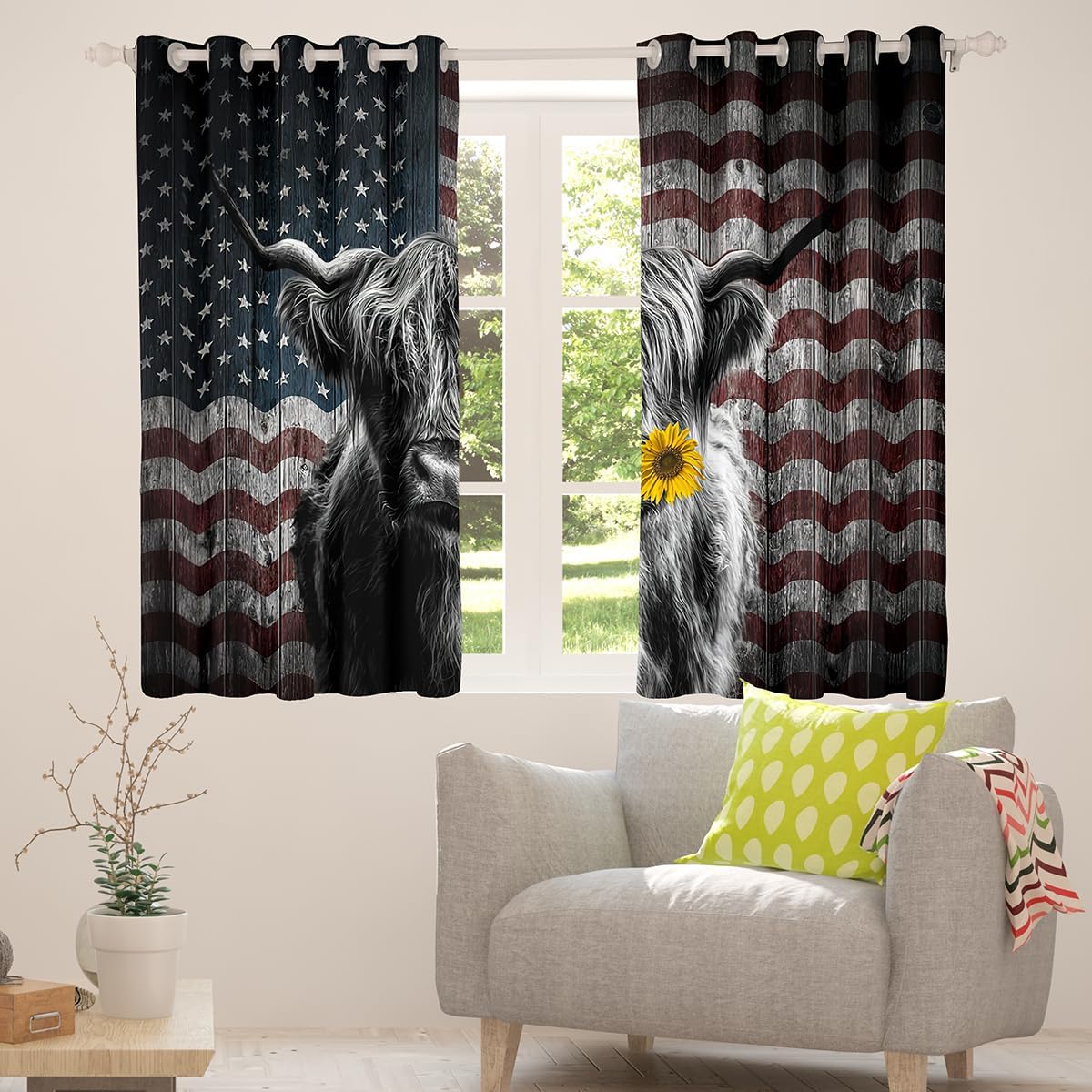 Feelyou Highland Cattle Window Curtains Bedroom Living Room Sunflower Highland Cow Curtains Kids Room Decor Boys Girls America Flag Bull Window Drapes Animal Window Treatments 38W X 45L，2 Panels