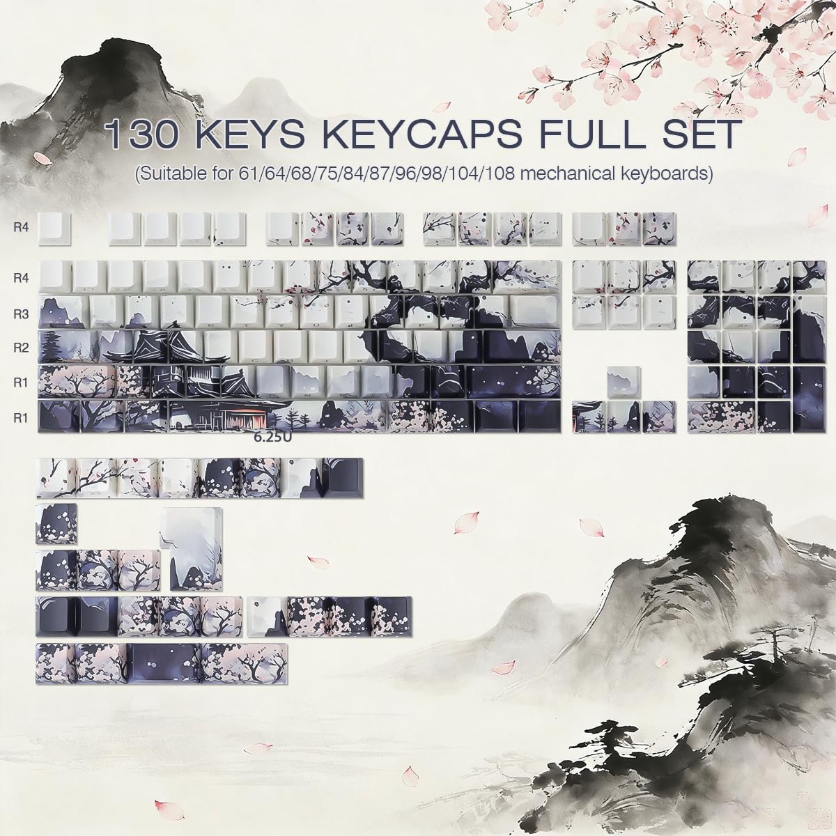 JakeTsai Nasadki klawiszy PBT 130 klawiszy Double Shot Bright Moon Night Keycaps, Shine Through Side Printed Keycap, Cherry Profile Dye Sublimation Custom Keycap for Cherry MX Switch Mechaniczne