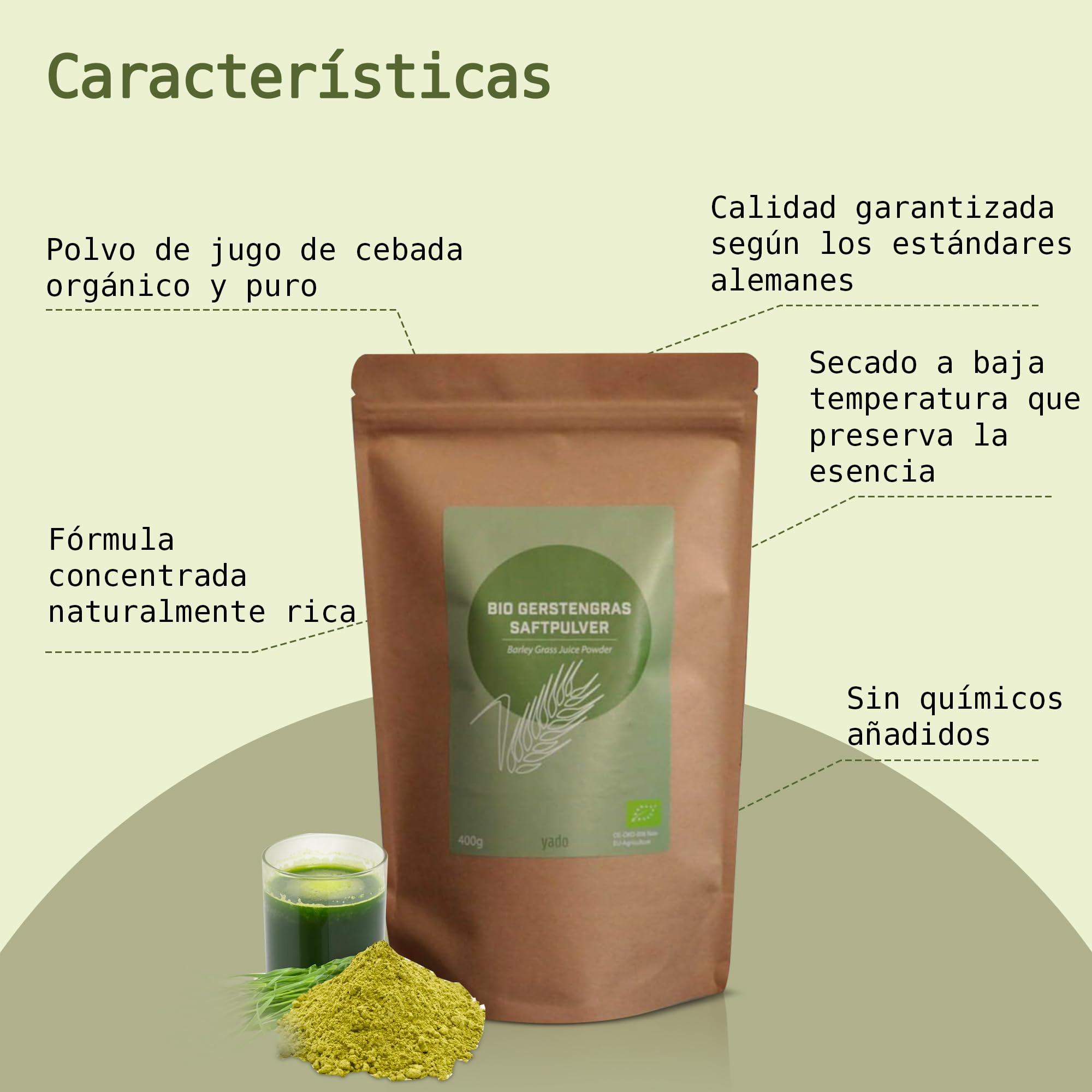 400 g de polvo de jugo de hierba de cebada ecológico | certificada | Barley Grass Juice Powder | 100% polvo de jugo de hierba de cebada | Greens (400 g)