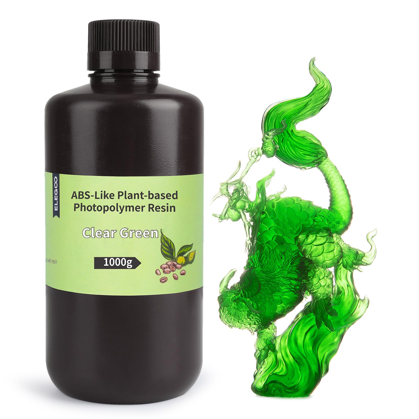 ABS-Like Plant-Based 3D Printer Resin with Low Odor and High Precision, 405nm UV Resin, and Quick Curing for Mars Saturn Jupiter MSLA DLP LCD 3D Printing - Clear Green 1000g