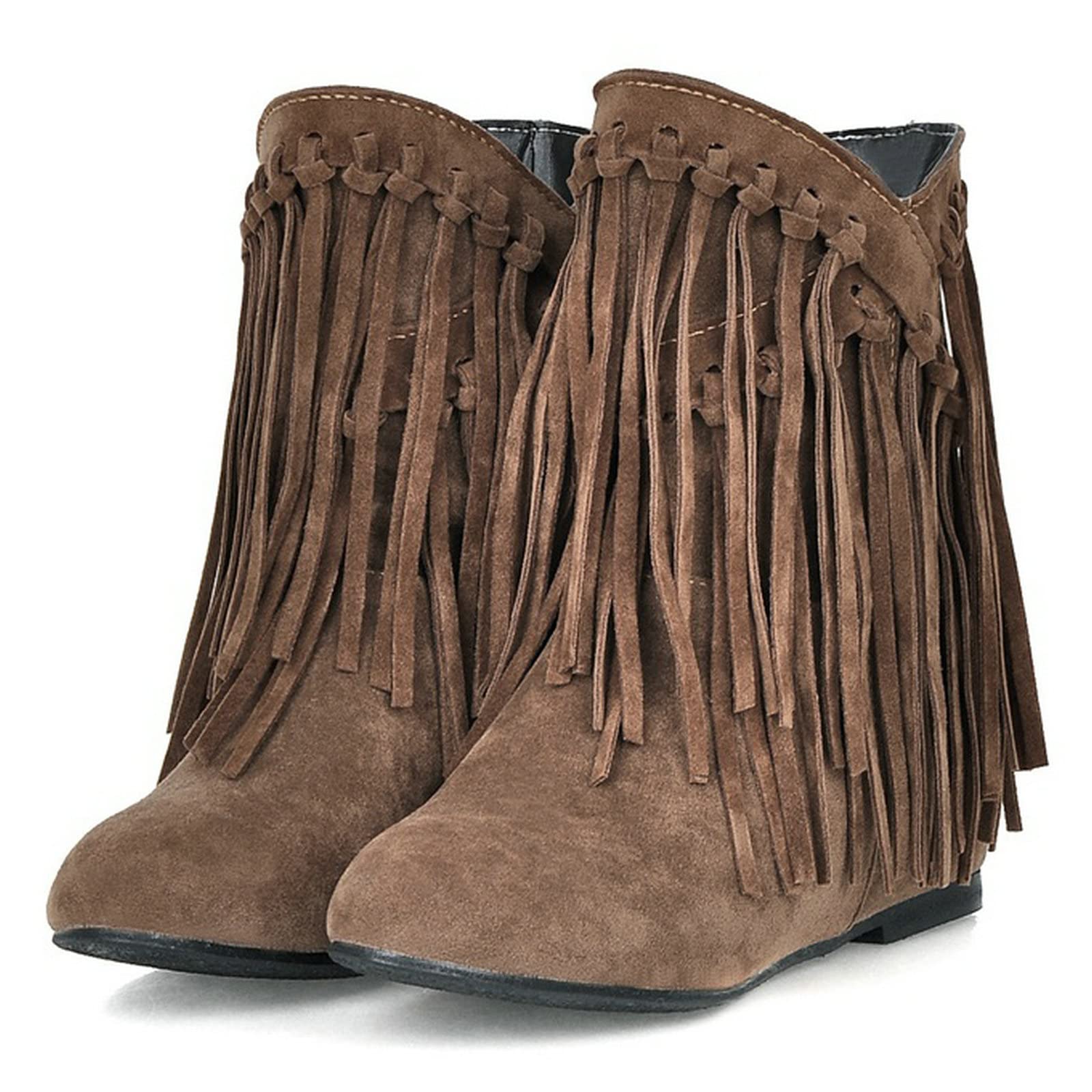 KiutSymo Womens Ankle Fringe Boots Round Toe Wide Calf Flat Tassel Boots Casual Hidden Wedge Heels Ankle Boots