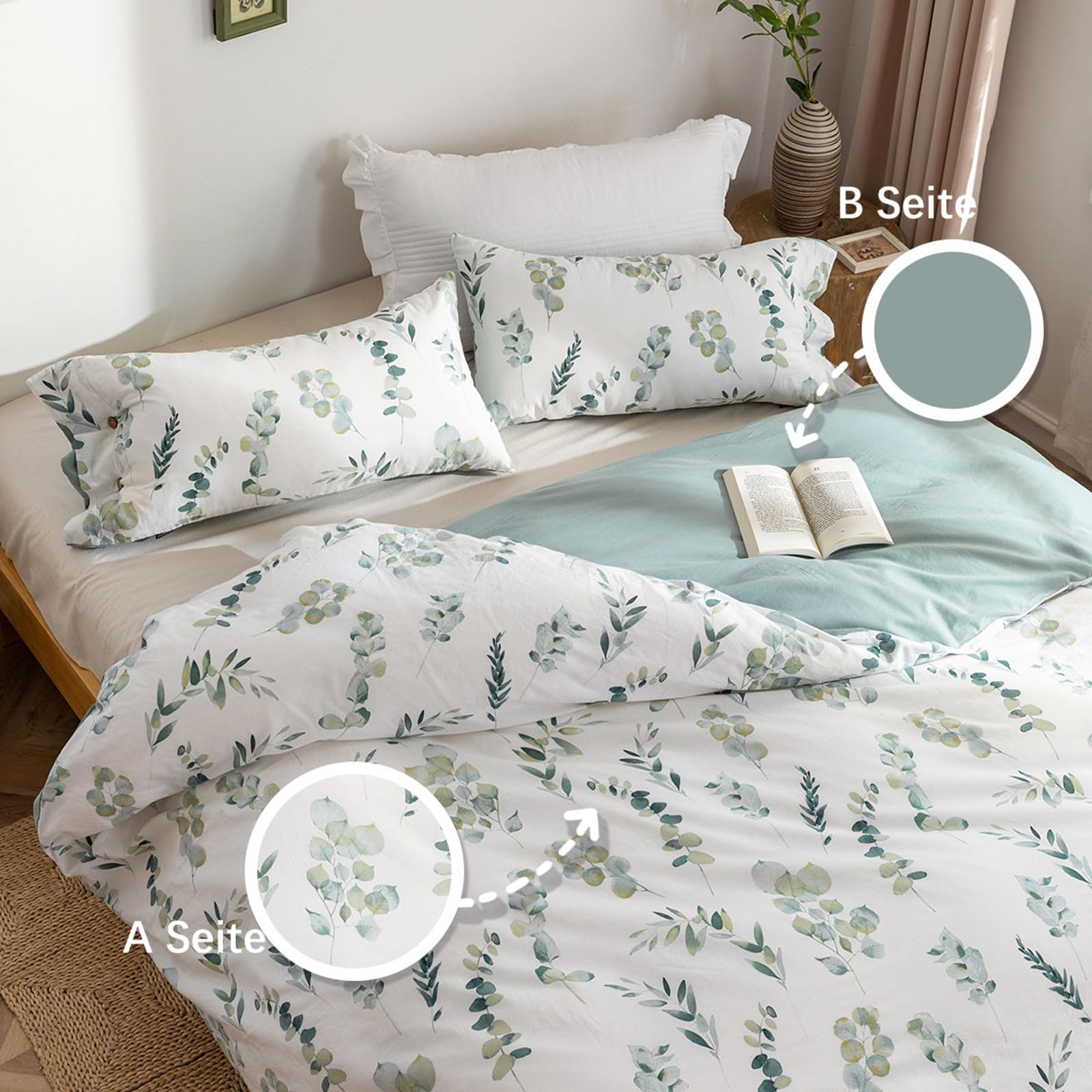 SOULFUL Bettwäsche 135x200 Baumwolle 4-Teilig Florales Muster, Katharina | 100% Baumwolle, gewaschene Leinenoptik, Reißverschluss, 1x Bettbezug 135x200 cm & 1x Kissenbezug 80x80 cm