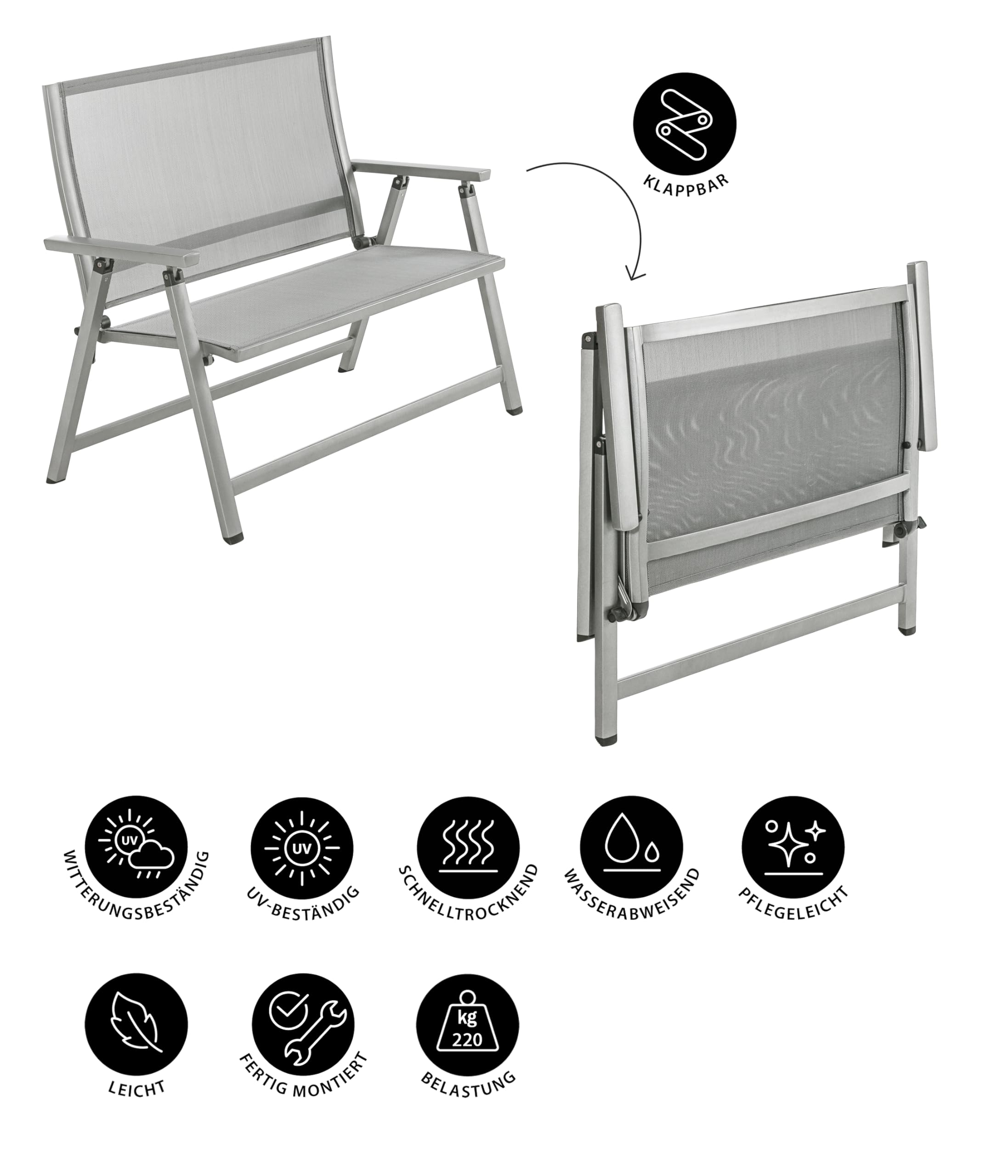 Dehner Klappbank Chicago | 2-Sitzer mit Rückenlehne und Armlehnen | komfortable Sitzbank | klappbar, wetterfest | Aluminium, Textilene | Gartenbank, Parkbank, Doppelbank | ca. 106 x 97 x 59.5 cm