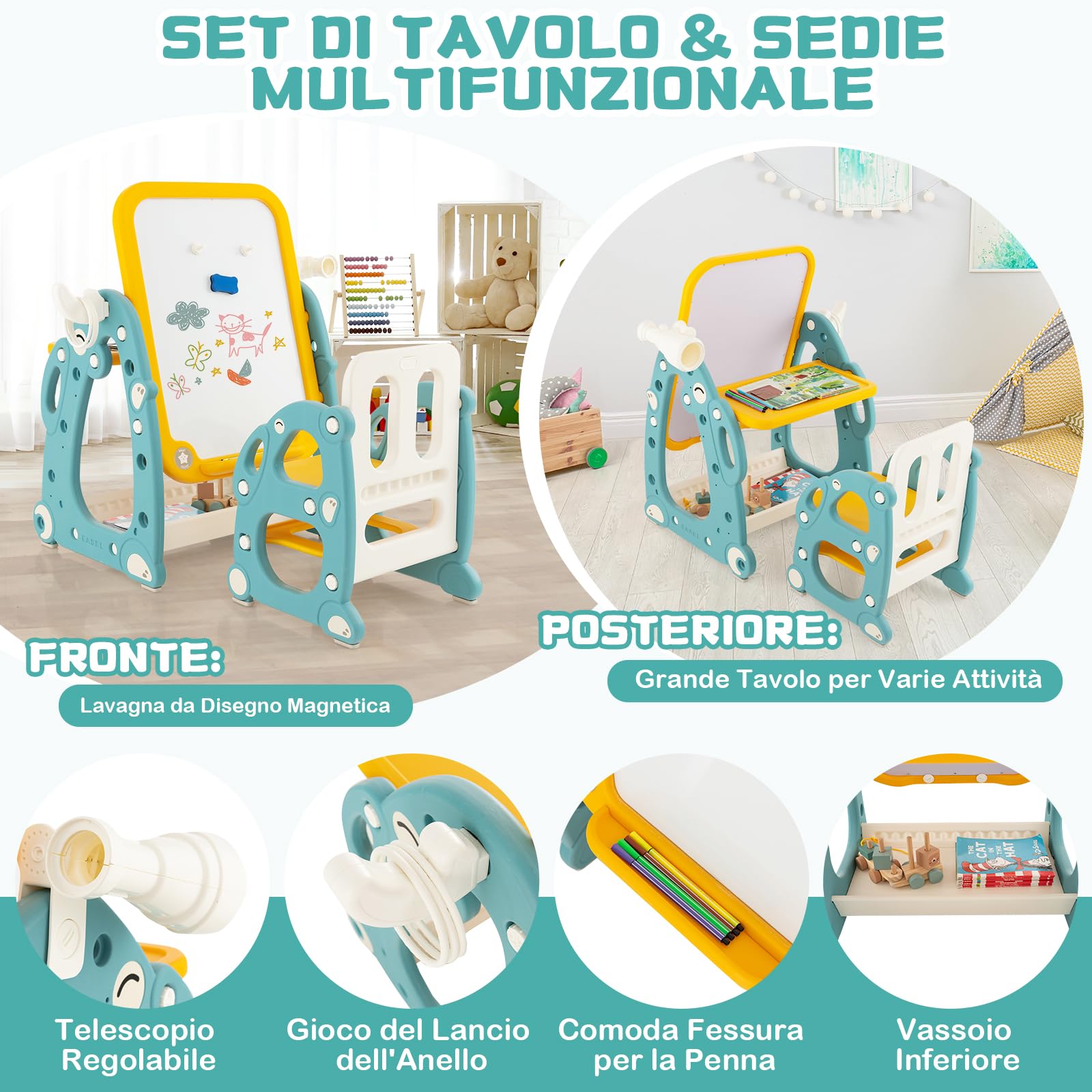 GYMAX Tavolozza Artistica 4 in 1 per Bambini con Sedia, Set Tavolo e Sedia per Disegno per Bambini con Lavagna Magnetica Regolabile, Lavagna Cancellabile e Pennarelli, per Bambini da 1 a 8 Anni