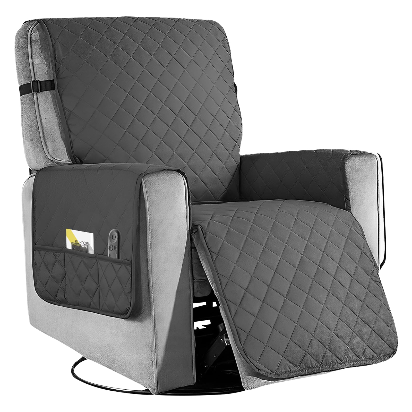 Recliner Chair Cover Non-slip Integrated Couch Covers w Elastic Straps for Stay in Place Reclining Couches, Recliner Slipcover Side Pockets Design Quilted Furniture Protector for Kids Pet (Grey)