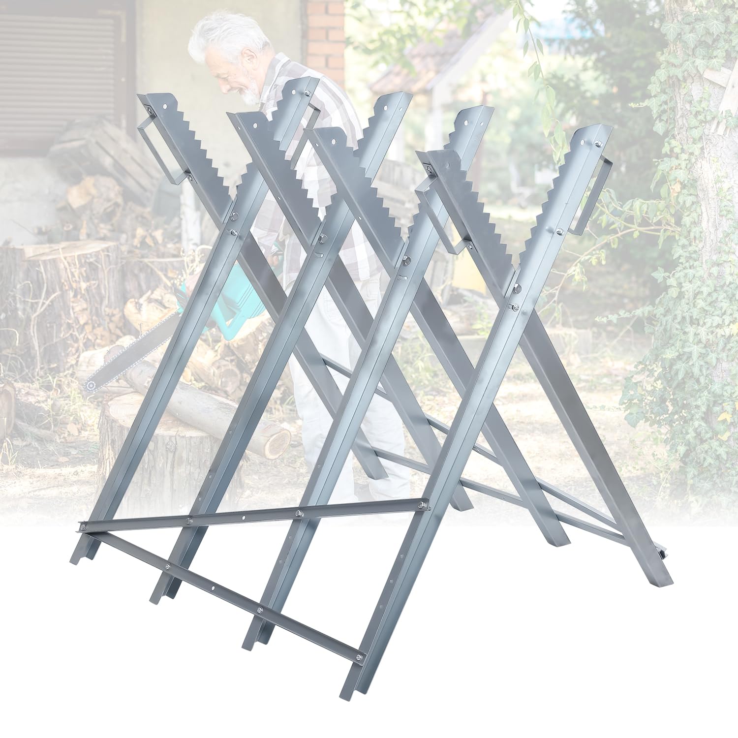 Fiqops Chevalet de sciage pour tronçonneuse, peu encombrant et charge jusqu'à 150 kg, tréteau de sciage, robuste et pliable, tôle galvanisée pour résistance à l'humidité et à la corrosion, 81 x 80 x