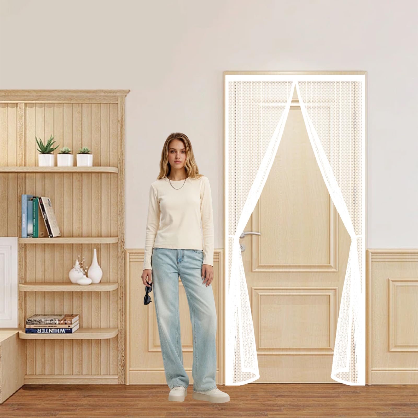 Qenhyun White Fly Screens For Doors 185 X 200 Cm Keep Bugs Out, Full Frame Magic Tape, Powerful Magnets, Self Sealing, No Drill Installation, Magnetic Door Curtain For Balcony Bedroom Doors,