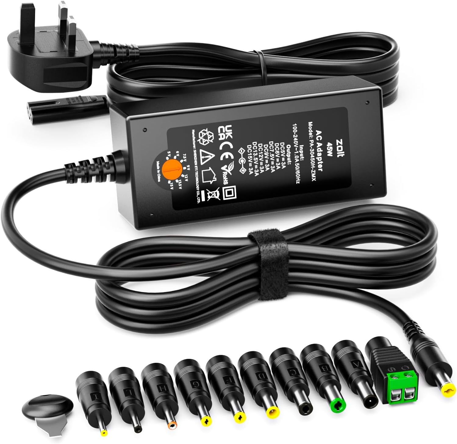Zolt 45W Universal Power Adapter AC DC 5V 6V 7.5V 9V 12V 13.5V 15V Power Supply Transformer Adaptor for Household Electronics, 3A Max.