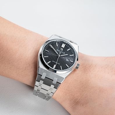 OBLVLO Automatic Watch, Stainless Steel Band, White Dial with Date Display, Steel