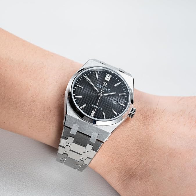 OBLVLO Automatic Watch, Stainless Steel Band, White Dial with Date Display, Steel