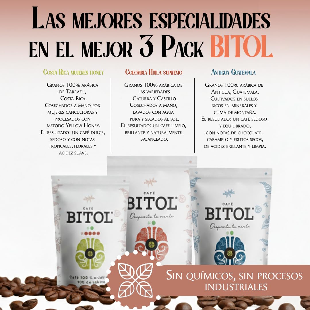 BITOL COFFEE | Pack de 3 Cafés de Especialidad en Grano Natural | Guatemala Antigua + Costa Rica Yellow Honey + Colombia Huila Supremo | Café Gourmet Tueste Medio | Arábica de Origen Único | 2500 gr