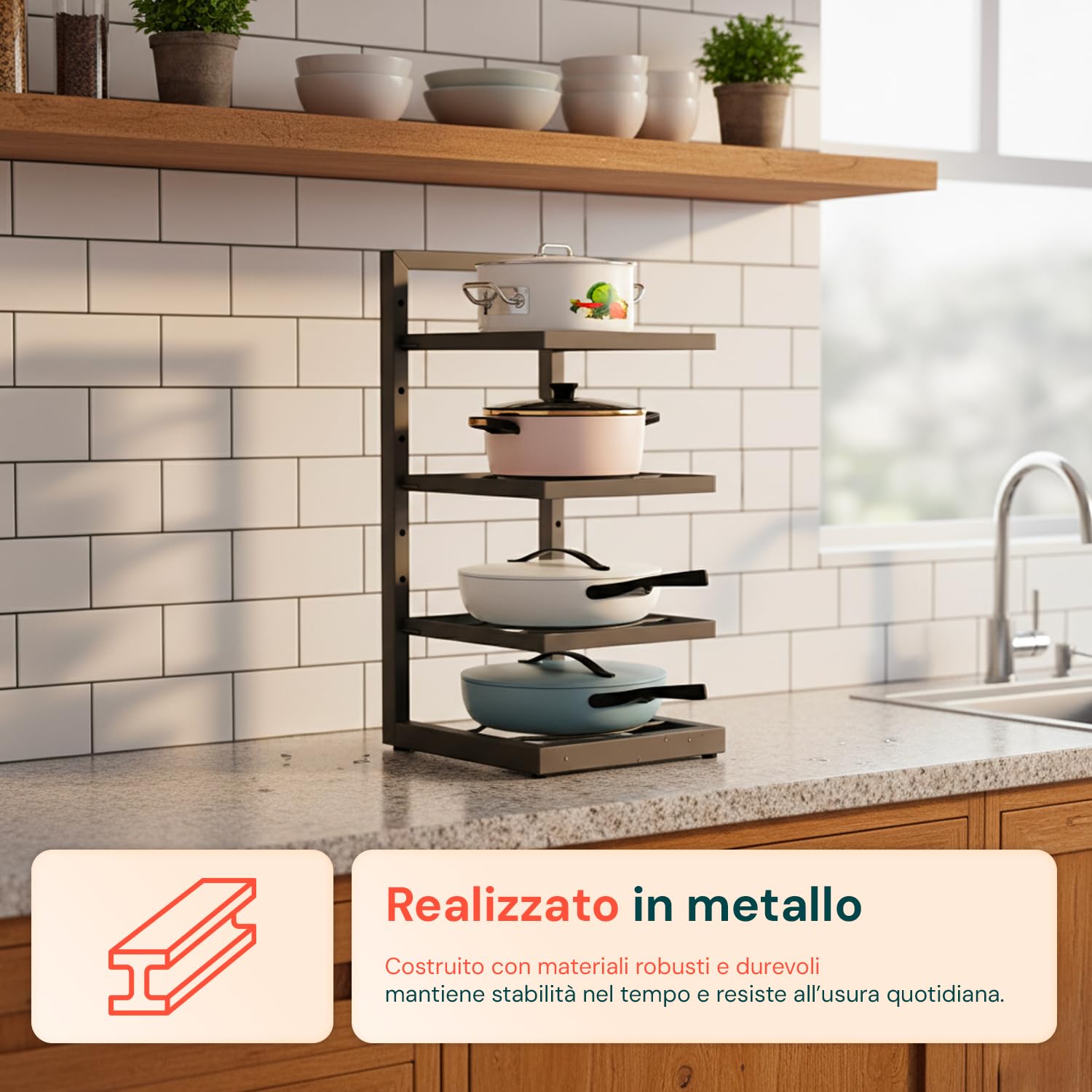 Avilia – Scaffale Metallo 4 Ripiani Regolabili – Organizer Multiuso Cucina - Pentole, Padelle e Piatti - Alzatina Salvaspazio per Dispensa e Piano di Lavoro, 5kg Capacità
