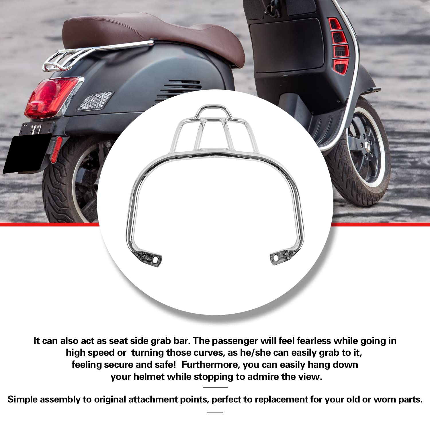 Scooter GTS300 GTV300 GTS250 GTS125 Hinterer Gepäckträger Regalhalterung Beifahrerhaltegriff Sitzseitenhandlauf Heckarmlehnengriffe für Vespa GTS 300 GTS-300 GTS 250 GTS-250 GTV 300 GTV-300 (Chrom)
