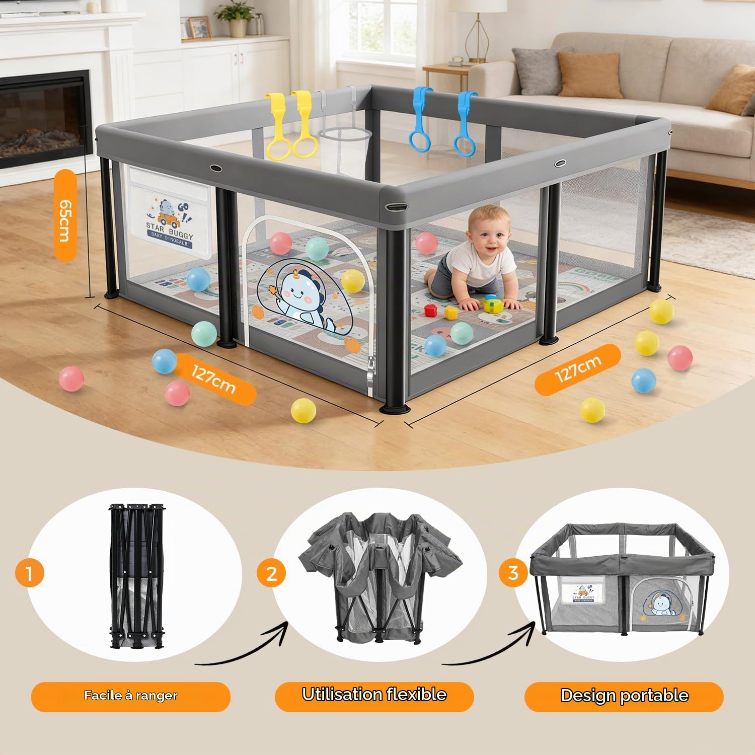 Parc pour bébé pliable 127 x 127 cm avec matelas 2