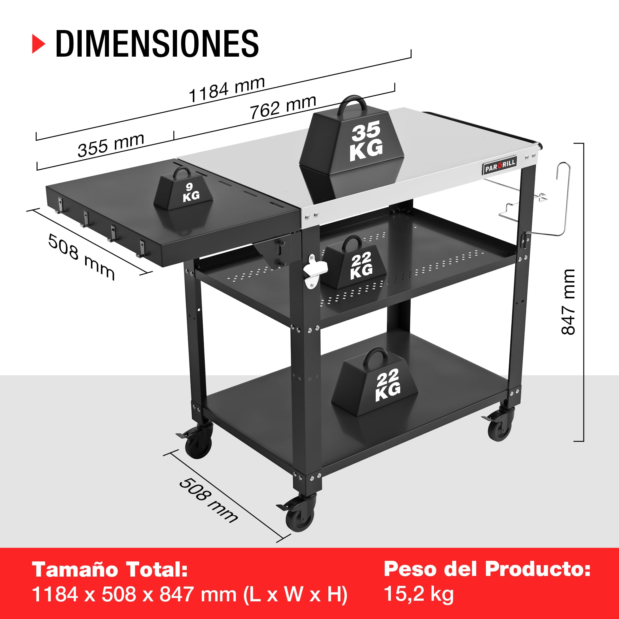 PARGRILL Carro de Barbacoa de Acero Inoxidable LFGB con 3 Niveles, Carrito de Comedor con Mesa Lateral Plegable, Ruedas de 360° con Freno, Capacidad de 88 kg, Ideal para Cocinas, Barbacoas, Fiestas