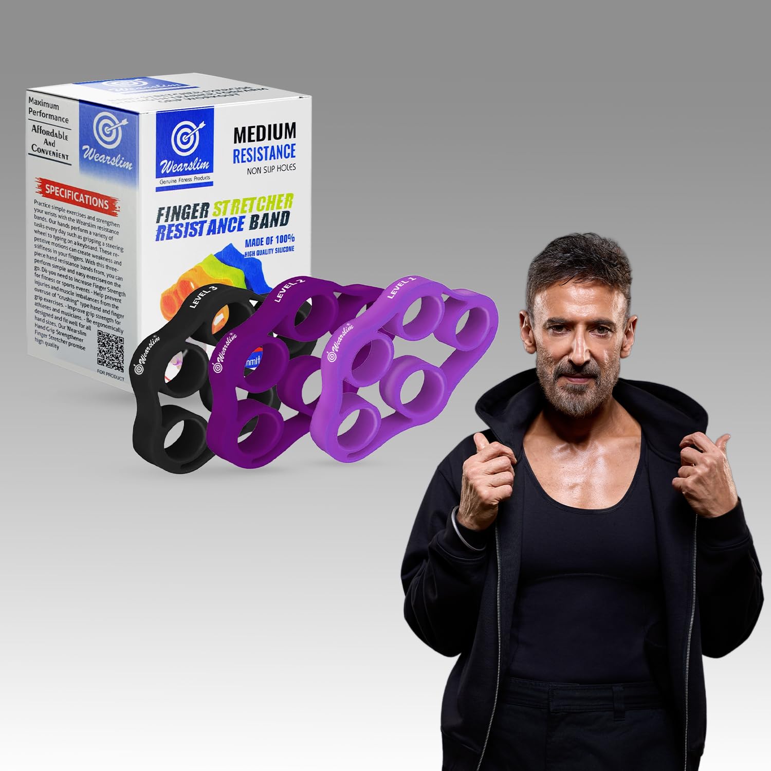 Wearslim Professional Hand Grip Strengthener, Finger Gripper Exerciser For Hand Grip, Wrist & Palm, Silicone Finger Stretcher With 3 Resistance Levels (Multicolour, Set Of 3)