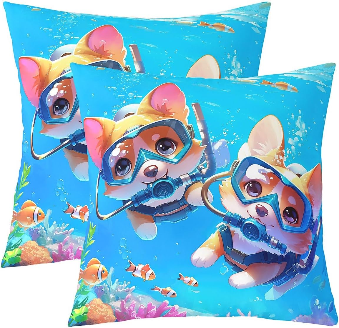 Funny Corgi Pillow Covers for Sofa Couch Chair Summer Diving Sports Throw Pillow Covers Cartoon Underwater World Outdoor Pillow Cover Colorful Coral Cushion Cover 22"x22",Set of 2