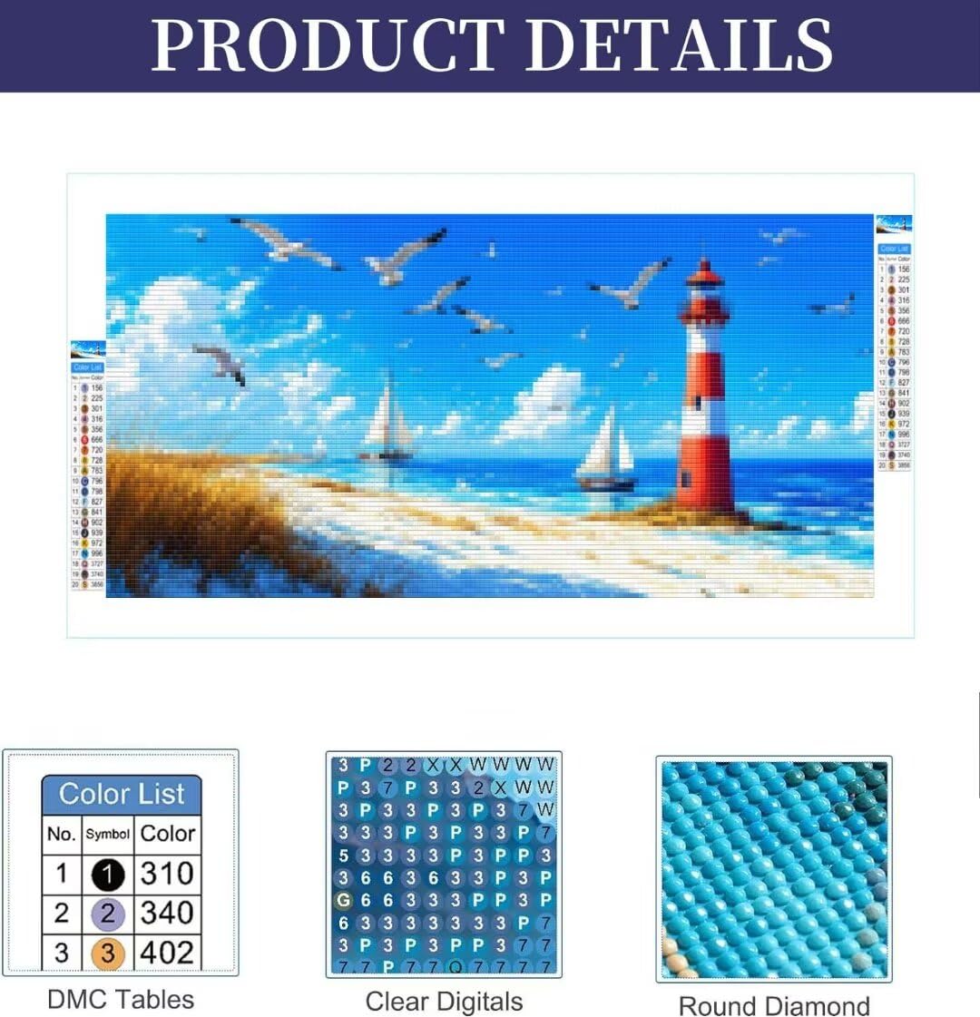 5D Diamond Painting Erwachsene Kinder, Diamond Painting Bilder Leuchtturm für Möwe Diamond Painting Zubehor, DIY Groß Full Drill Crystal Art Basteln, für Wohnzimmer/Schlafzimmer Wanddeko 70x140cm K131