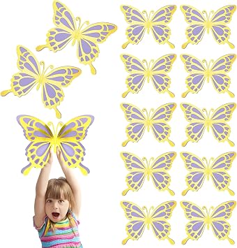 12 Pcs Large Butterfly Party Decoration 3D Butterfly Wall Decor, 2 Sizes Big Paper Butterfly Cutouts Stickers for Birthday Party Baby Shower Bedroom Wedding, Gold and Purple