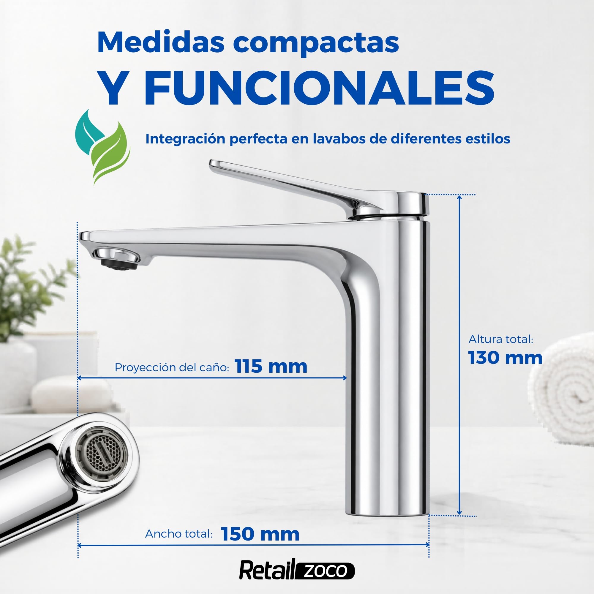 Grifo de Lavabo Monomando, Grifo Borras Colección Avance, con cartucho de doble step para el ahorro de energía y agua, Altura total de 138 mm, proyección del caño de 145 mm, acabado cromado