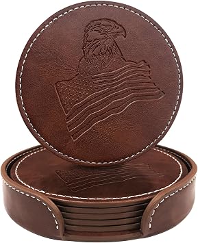 Set of 6 Eagle Totem Leather Drink Coasters Round Cup Mat Pad for Home and Kitchen Use Easy Clean Cup Coasters Gifts Light Coffee