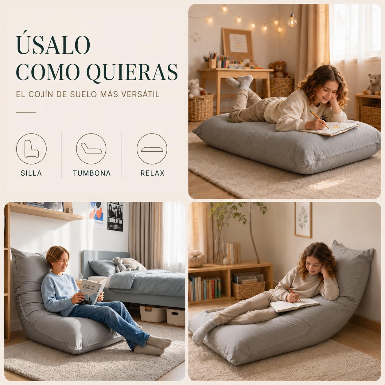 Aiire Puff con Relleno Incluido Moderno - Puf Salon Ergonómico Ultra Flexible en Lycra Lavable y Desenfundable - Cojin de Suelo Infantil XXL - Bean Bag Chair Adolescente o Juvenil [140x50]
