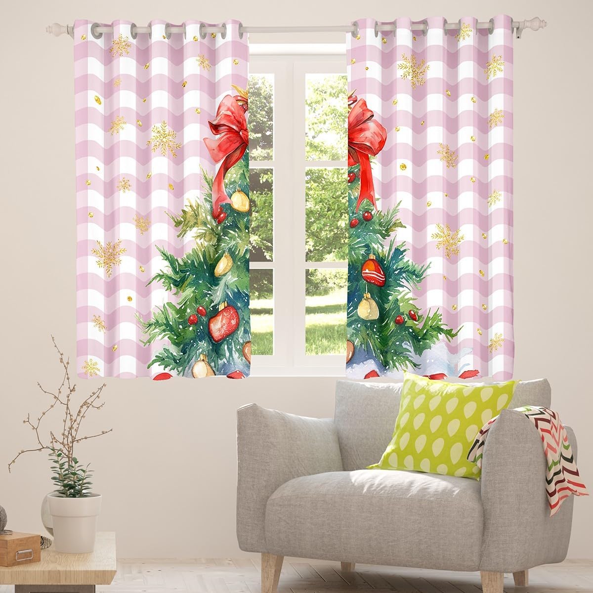 Watercolor Christmas Tree Window Curtain,Pink Grid Patchwork Curtains for Kids Girls Boys Room Decor,Gold Snowflake Window Treatment Curtain Winter New Year Window Drapes,2 Panels,52Wx84L