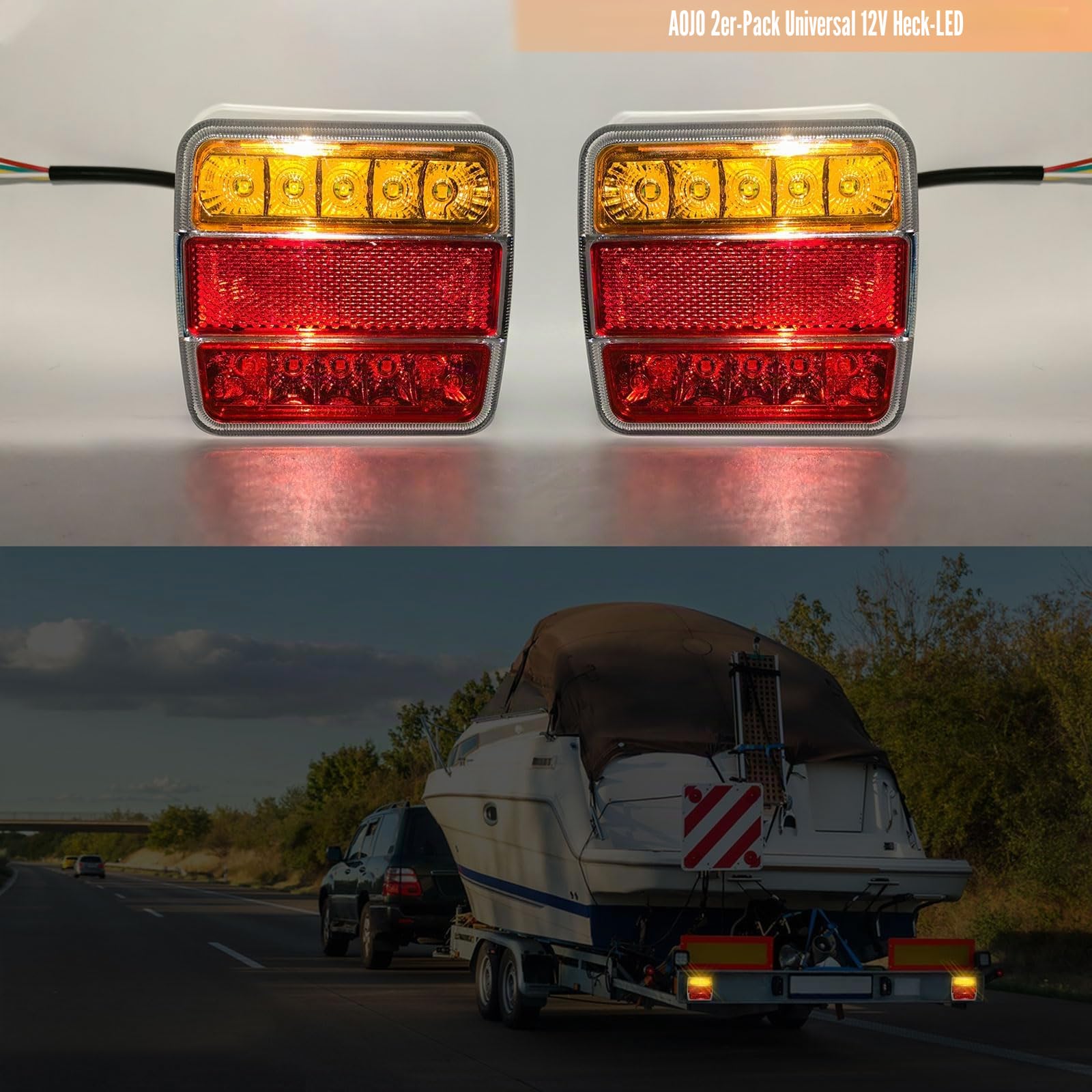 2 Stück 12 V Universell LED Rückleuchten Anhänger mit E-Prüfzeichen, 5 Funktionen: Bremse, Position, Blinker, Kennzeichenbeleuchtung, Reflektor