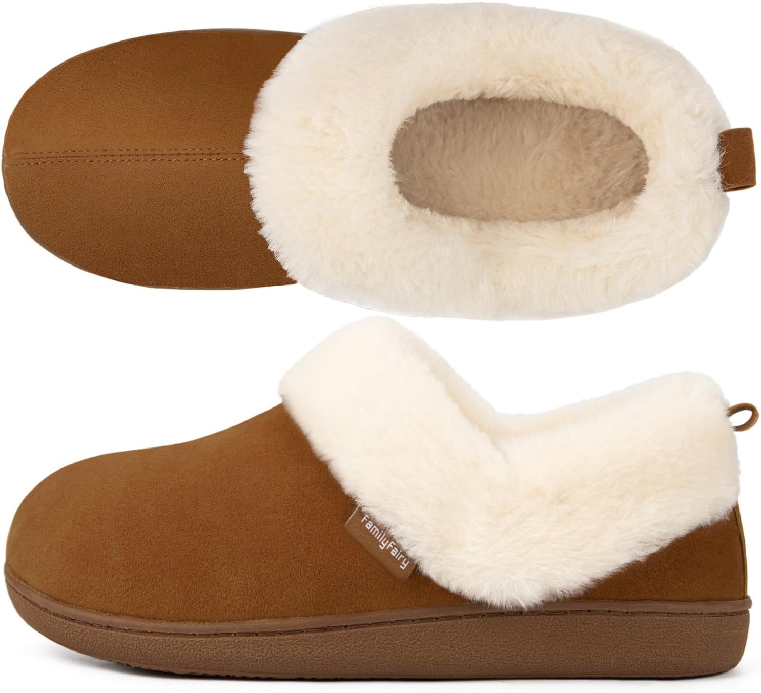 FamilyFairy Women's Warm Bootie Slippers Winter Cozy House Shoes Non Slip Indoor Outdoor with Fuzzy Collar