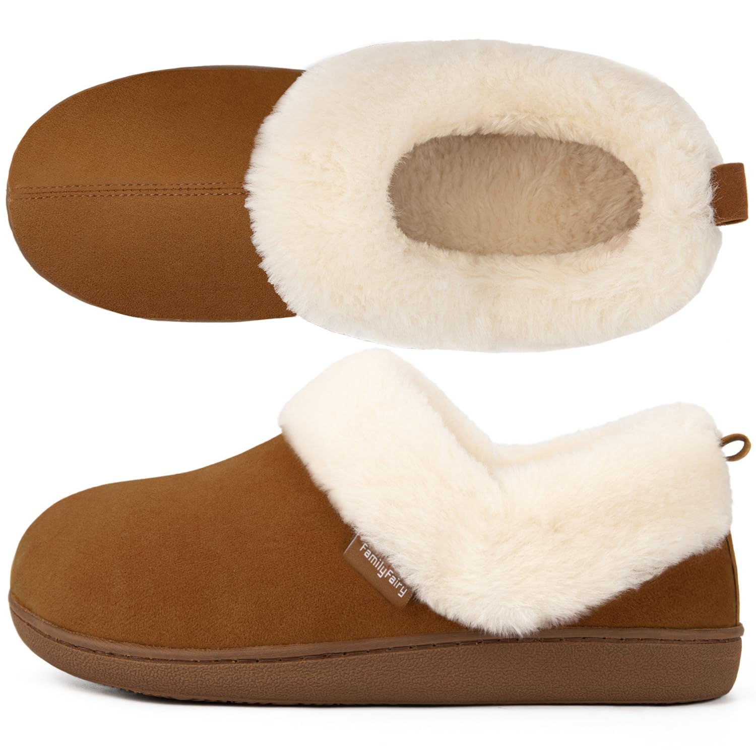 FamilyFairy Damen-Hausschuhe aus Memory-Schaum, warm, gemütlich, Mikro-Wildleder, Hausschuhe, mit flauschigem Plüschfutter und Kragen, rutschfeste Winterschuhe für drinnen und draußen