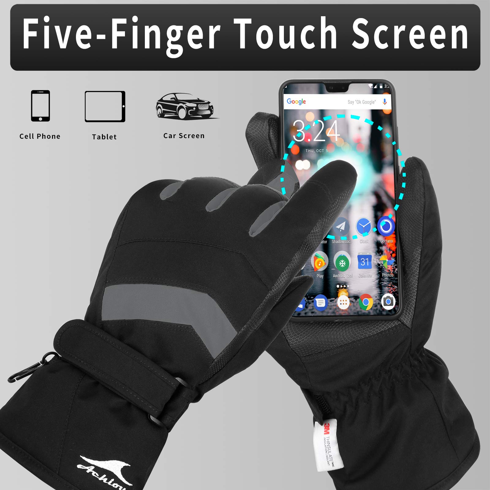 Achiou Gants de ski d'hiver chauds 3M Thinsulate imperméables pour écran tactile homme femme