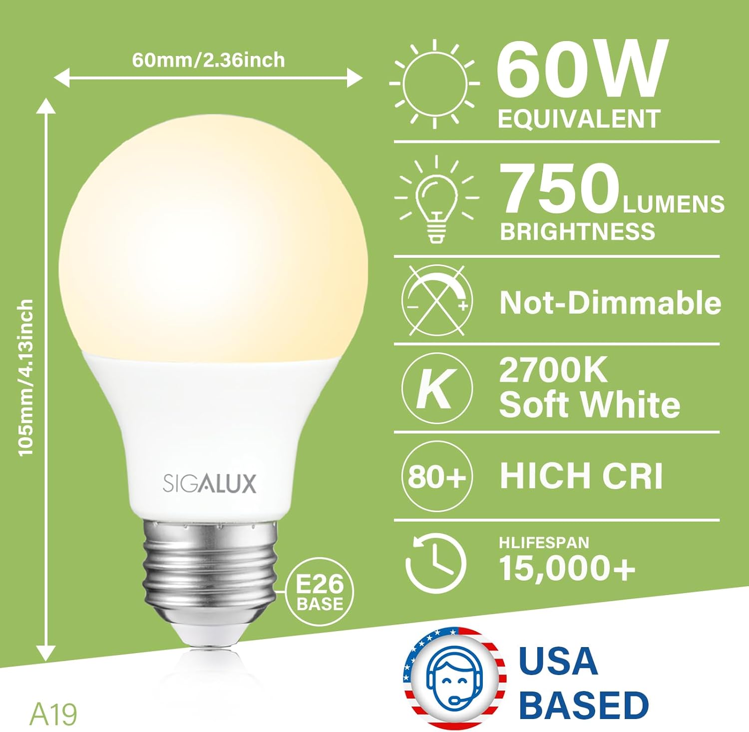 Sigalux A19 LED Light Bulbs 60 Watt Equivalent,Non-Dimmable Energy Efficient 9.5W LED 2700K Soft White Light Bulb with E26 Medium Base,750 Lumens,UL Listed,24 Pack