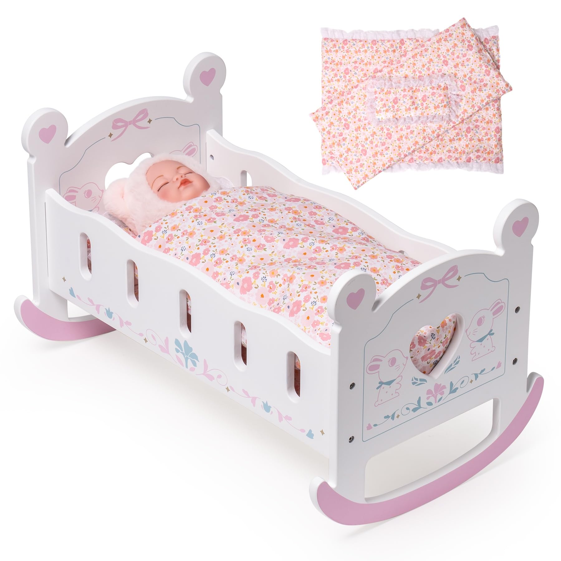 ROBOTIME Culla per bambole, letto per bambole da 45-61 cm, culla in legno con materasso, cuscino e trapunta, regalo per ragazze e ragazzi dai 3 anni in su