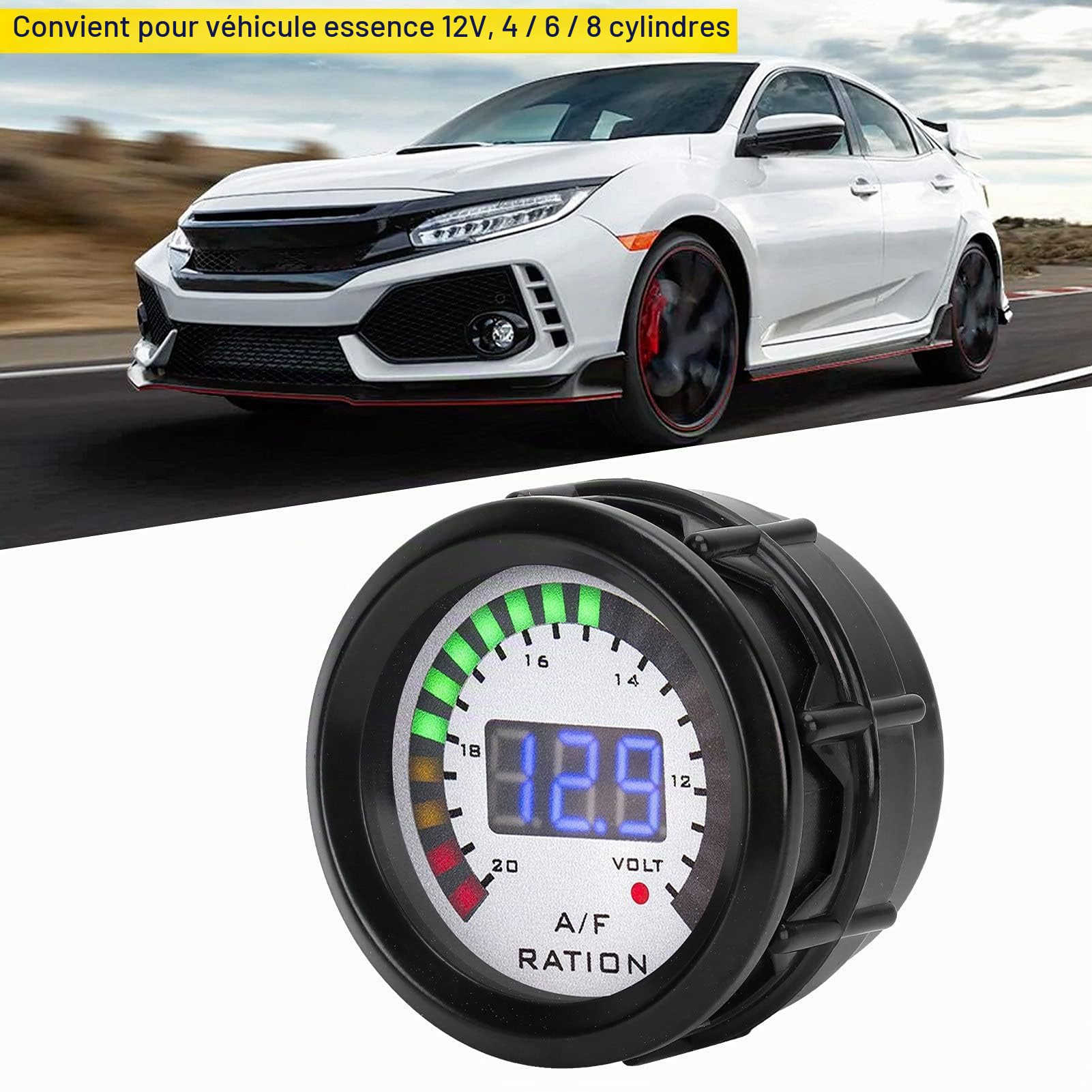 KIMISS Kit de Jauge de Rapport de Carburant D'air AFR, Jauge de Rapport de Carburant D'air de Voiture de 52 Mm LED Bleu Numérique pour Véhicule à Essence 12 V 4/6/8 Cylindres