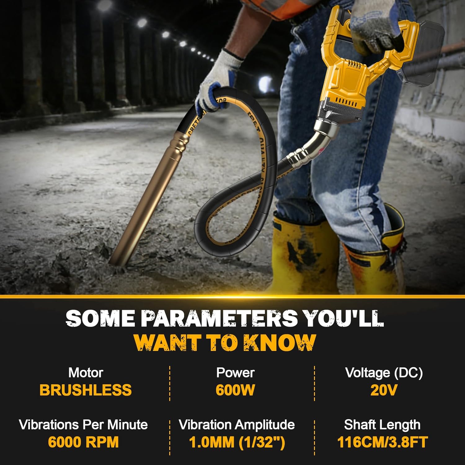 Cordless Concrete Vibrator Compatible with DeWalt 20V - 600W Handheld Cement Vibrator Tool with 3.8ft Flexible Shaft, Portable Pencil Vibrator for Removing Air Bubbles & Enhancing Concrete Density