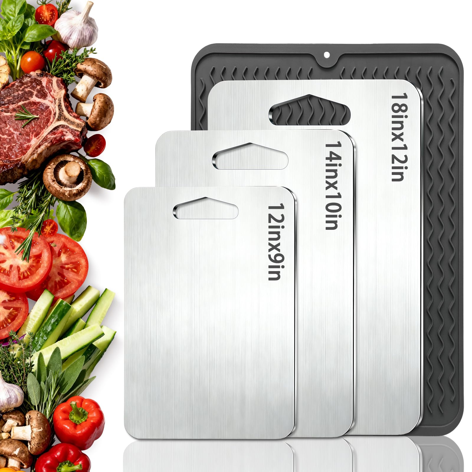 Titan Schneidebrett Set 3-teilig,S316 Schneidebrett Edelstahl,2 mm Verdickt,Mit Anti-Rutsch-Pad,BPA-freies Doppelseitiges Lebensmittel Titanium Cutting Board, ideal für Fleisch, Brot, Gemüse & Obst